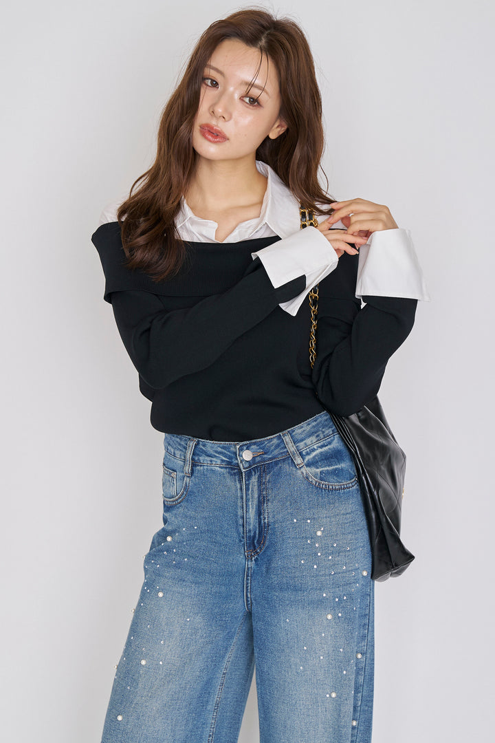 [予約]シャツレイヤードオフショルドッキングニット