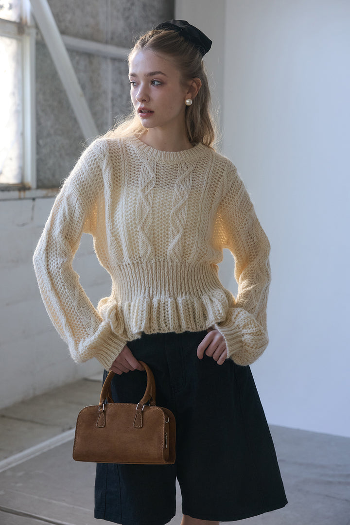 [予約/SET]ケーブル編ミニペプラムニット+デニムベーシックハーフパンツ(2set)