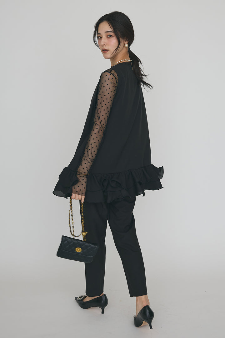 [予約/SET]シアードットフロッキートップス+異素材フリルヘムVネックチュニック+タックテーパードパンツ(3set)