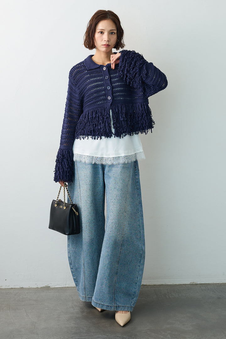 [予約/SET]繊細レースサテンキャミ+メッシュフリンジクロップドニット+スパークルラインストーンカーブデニム(3set)