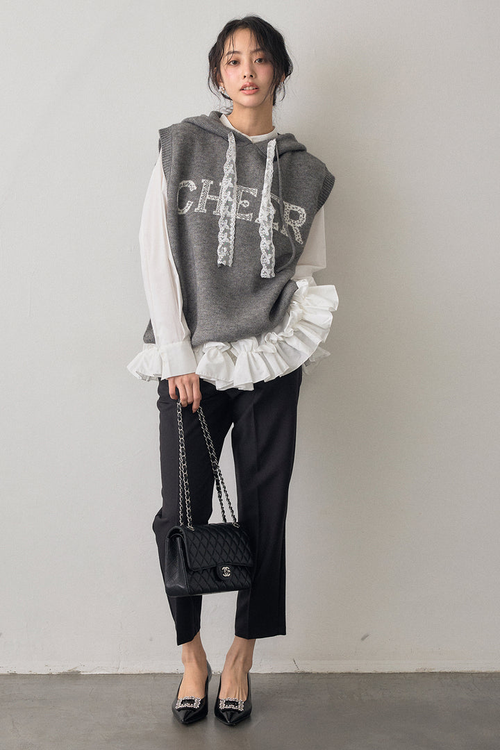 [予約/SET]パネルフレアヘムシャツ+レースリボンロゴフードスリーブレスニット+タックテーパードパンツ(3set)