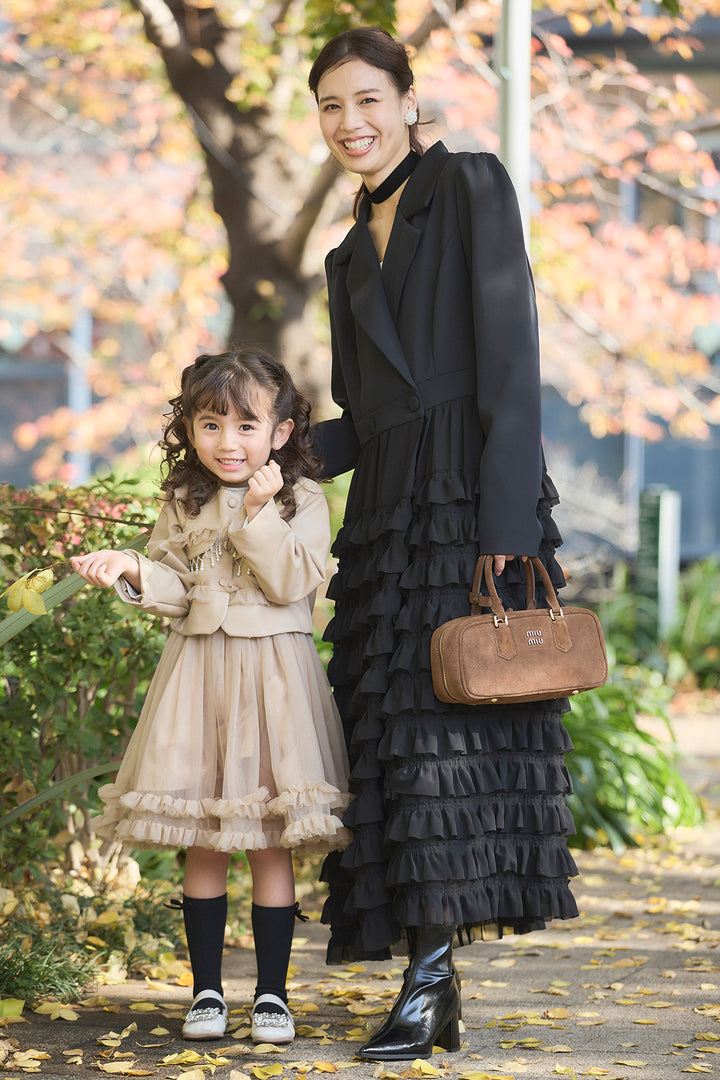 [予約/親子SET]ティアードチュールドッキングジャケットワンピース+[kids]フリルヘムチュールワンピ＋ジャケットセット(2set)