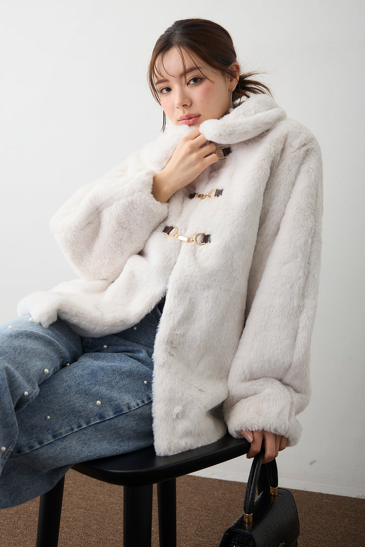 [予約/SET]ビット付きフェイクファーコート+パールスタッズストレートハイウエストデニム(2set)