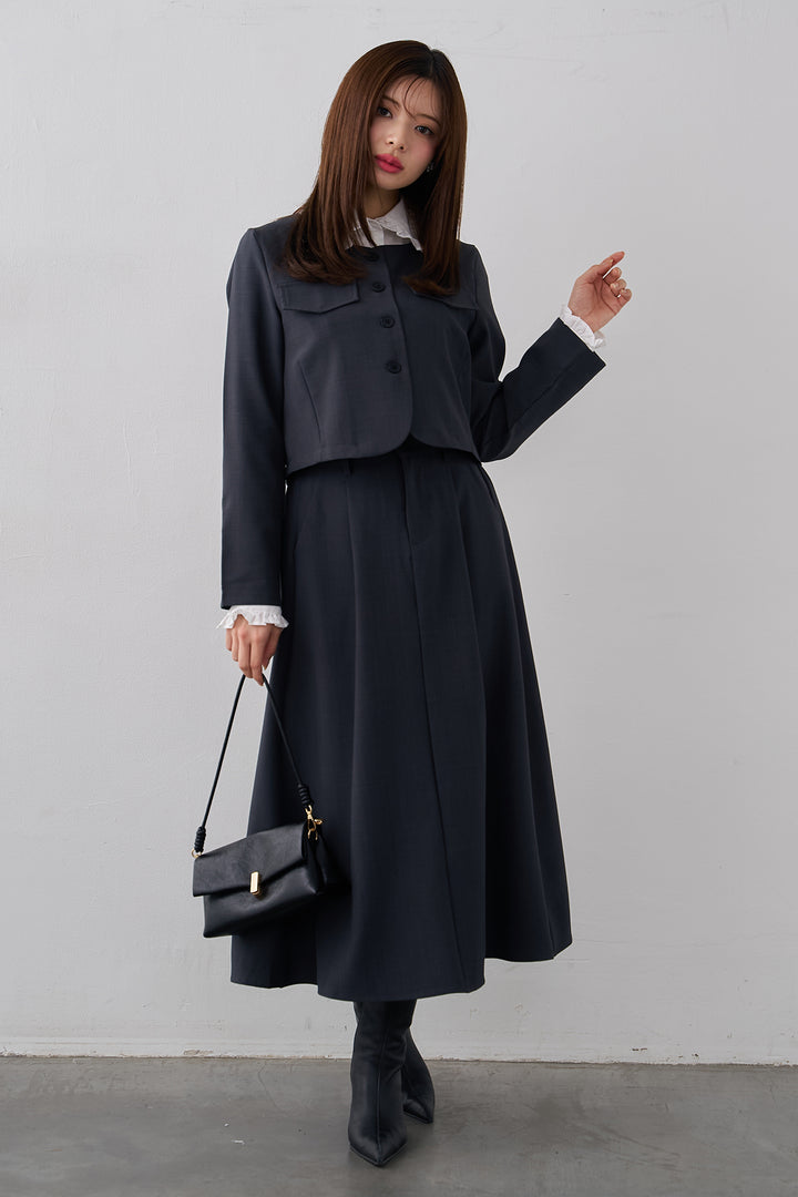 [予約/SET]ミニフリル襟ボリュームスリーブブラウス+ノーカラークロップドジャケットスカートセット(2set)