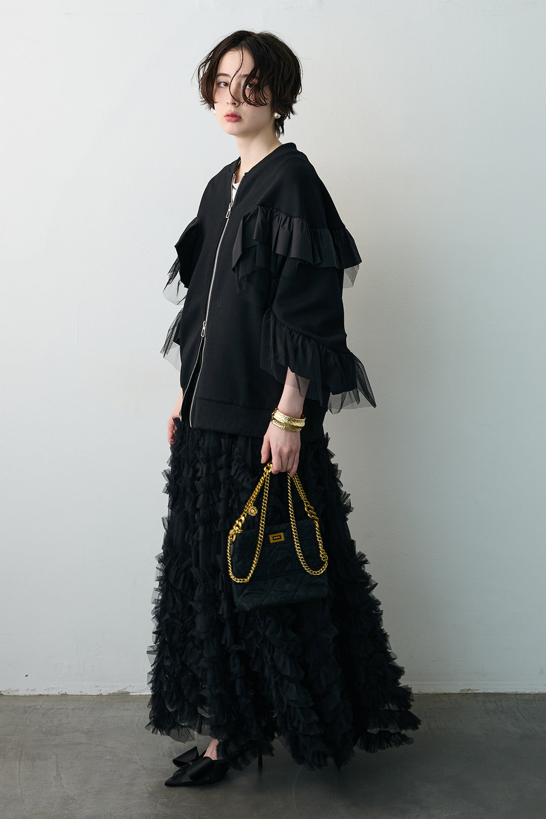 [予約/SET]フリルデザインダブルジップブルゾン+スフレアシメチュールスカート(2set)