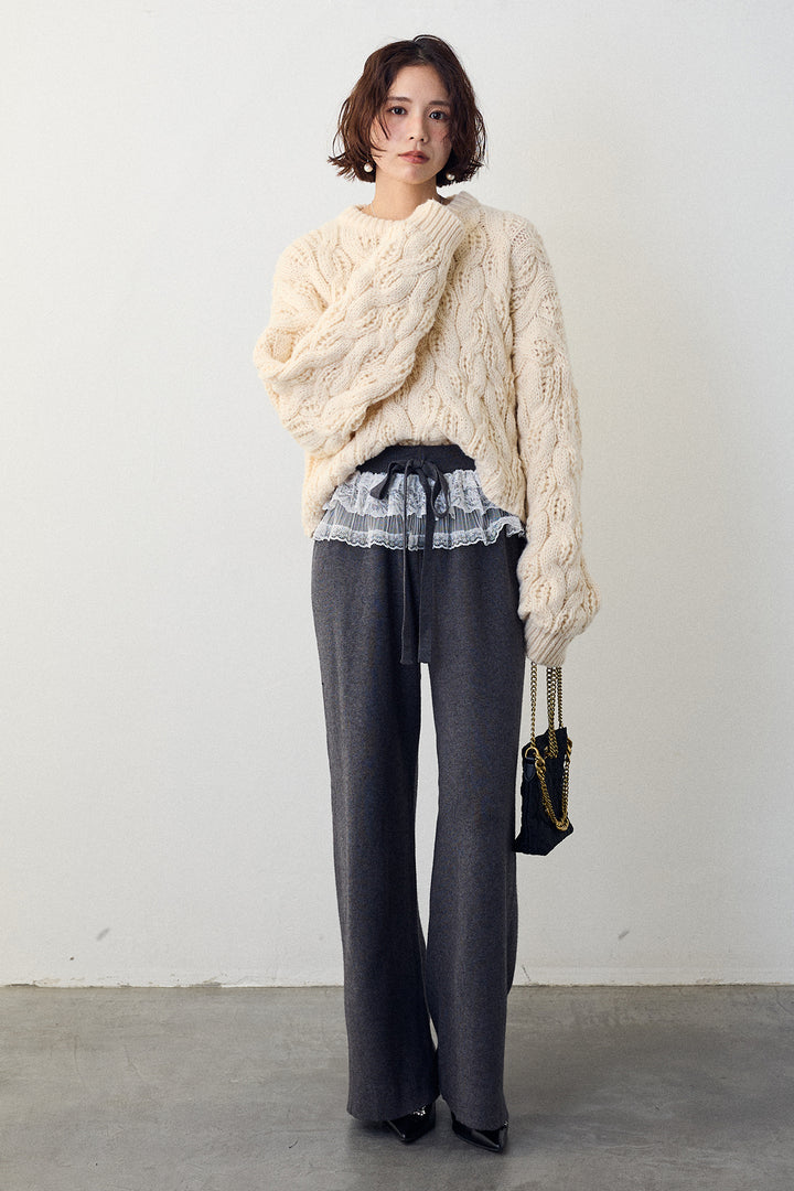 [予約/SET]ニュアンスケーブルクロップドニット+ウエストレースニットストレートパンツ(2set)