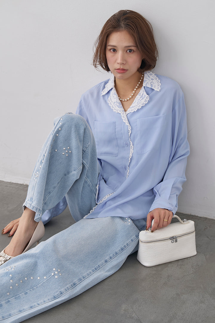 [予約/SET]クラシックレーストリムブラウス+スタッズアシメカーブデニムパンツ(2set)