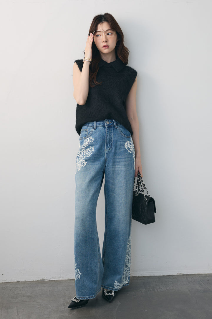 [予約/SET]モヘア起毛ポロベスト+レースプリントデザインデニムパンツ(2set)