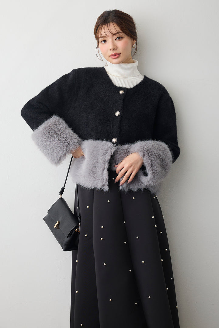 [予約/SET]配色ファードッキングコート+マルチパターンボンディングフレアスカート(2set)