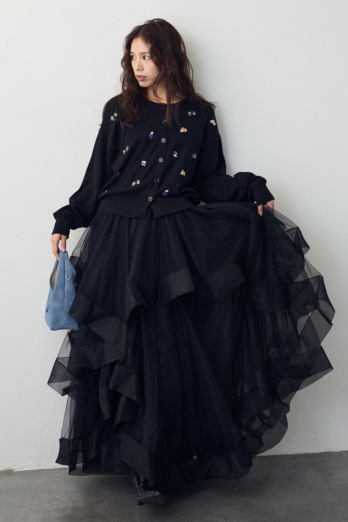 予約/SET]フルーツフラワー刺繍ニットカーデ+ランダムフリル