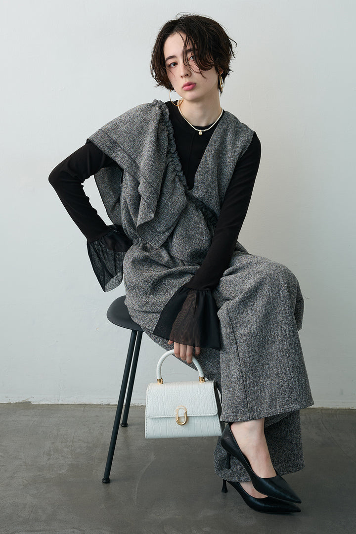 [予約/SET]サイドギャザーフレアチュールカフストップス+サマーツイードマルチウェイロンパース(2set)