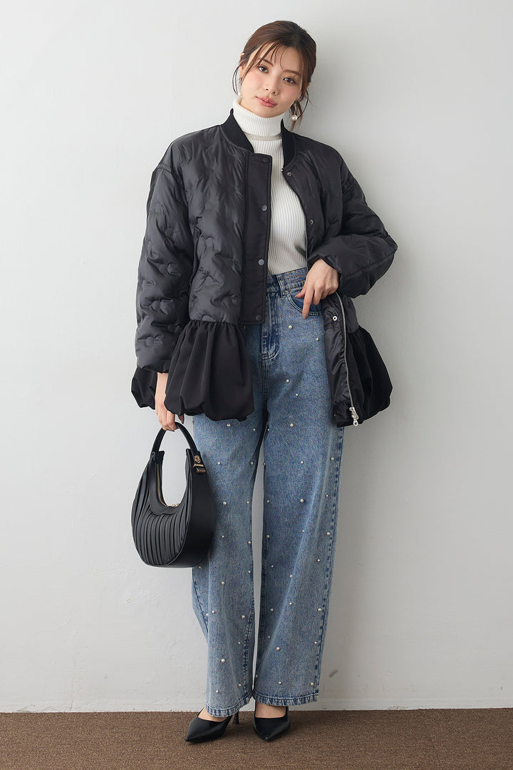 [予約/SET]ヘムギャザードットキルティング中綿フレアコート+パールスタッズストレートハイウエストデニム(2set)