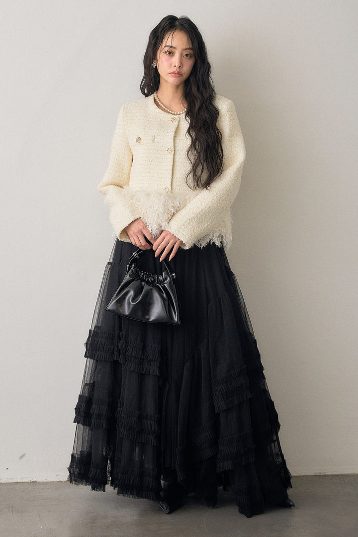 [予約/SET]中綿ツイードロングファードッキングジャケット+フェアリードレープチュールスカート(2set)