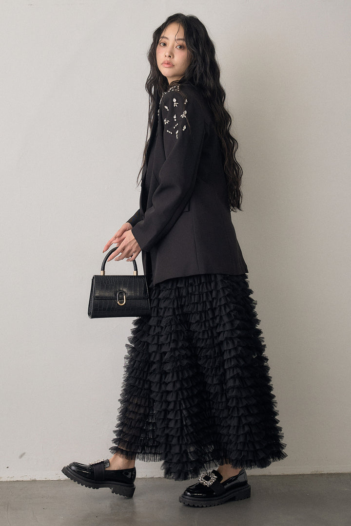 [予約/SET]ショルダービジューマニッシュジャケット+ホイップチュールティアードスカート(2set)