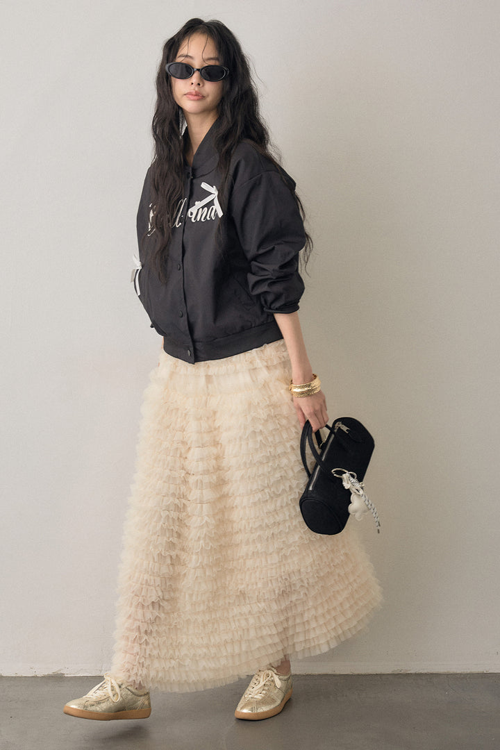 [予約/SET]ballerinaリボンブルゾン+ホイップチュールティアードスカート(2set)