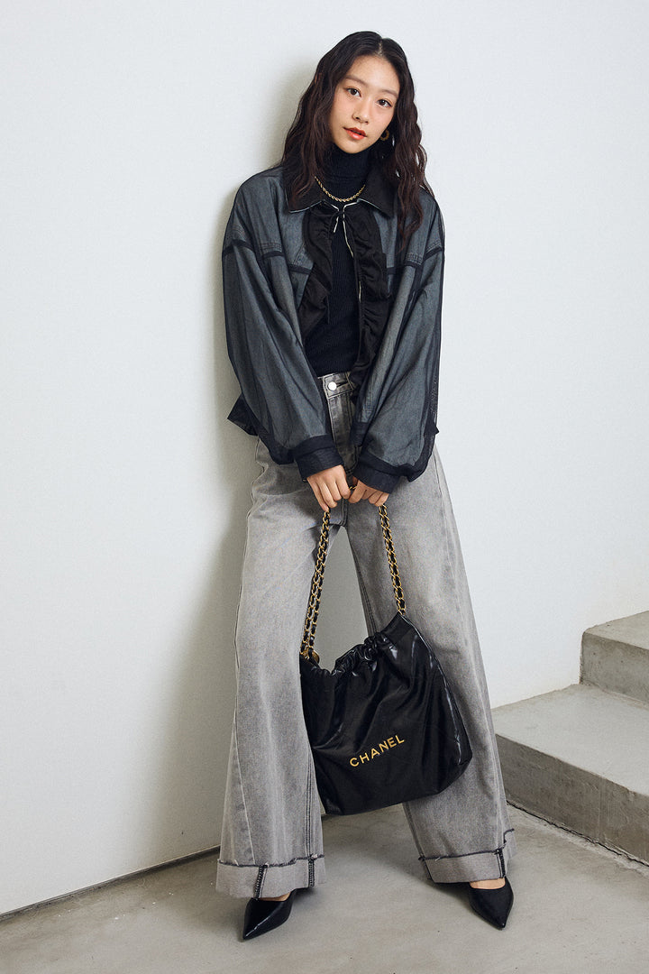 [予約/SET]デニム×チュールレイヤードフリルジャケット+切替ワイドハイウエストデニム(2set)