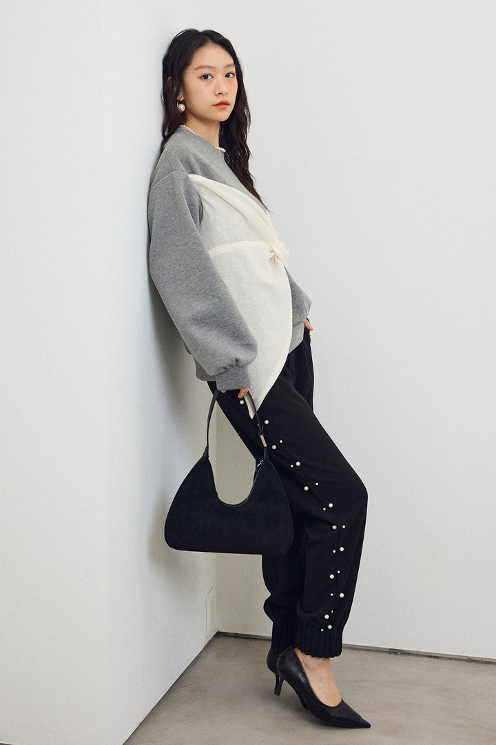 [予約/SET]オーガンジーBIGリボンプルオーバー+サイドパール裾タックジョガーパンツ(2set)