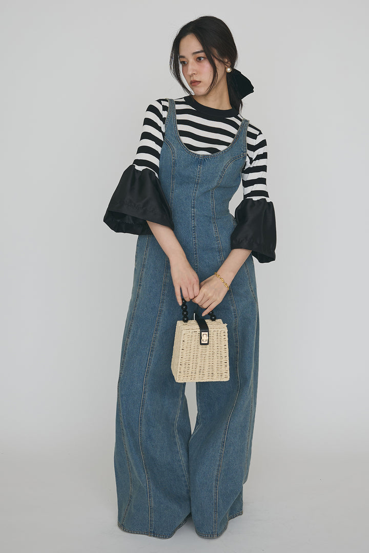 [予約/SET]タックフレア異素材ドッキングニットPO+美ラインデニムサロペット(2set)