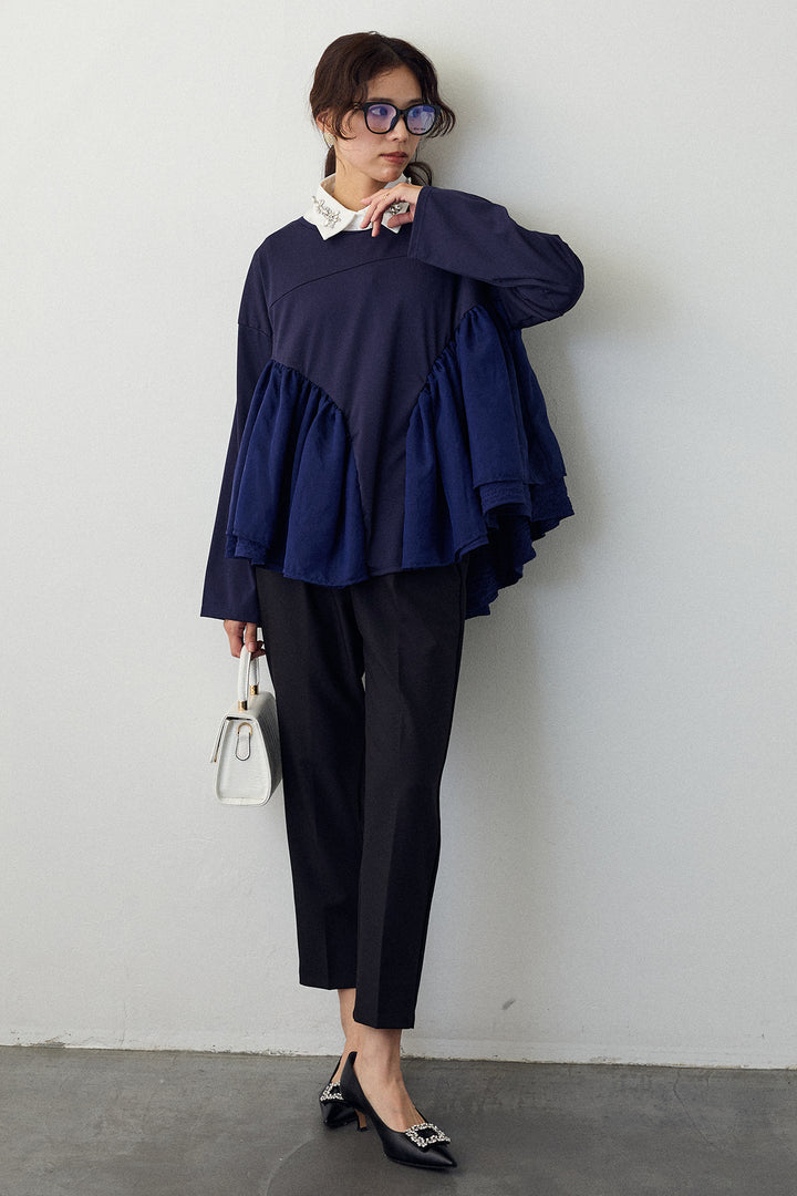[予約/SET]フリルテール異素材切替チュニック+タックテーパードパンツ(2set)