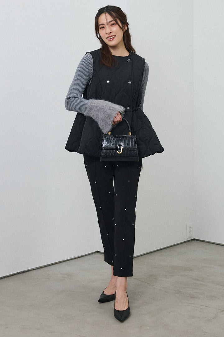 [予約/SET]フェザー切替スリーブフレアニット+キルティングフレアシルエットベスト+センターシームランダムパールパンツ(3set)