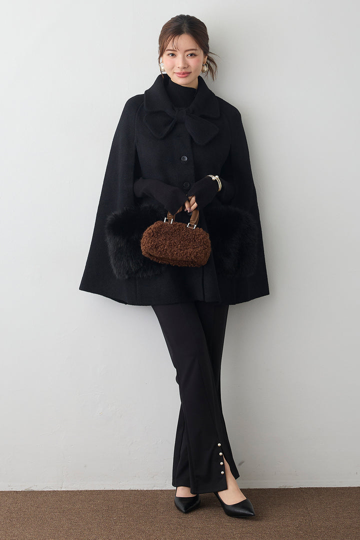 [予約/SET]ウールタッチファーポケットポンチョコート+センタースリットパールパンツ(2set)