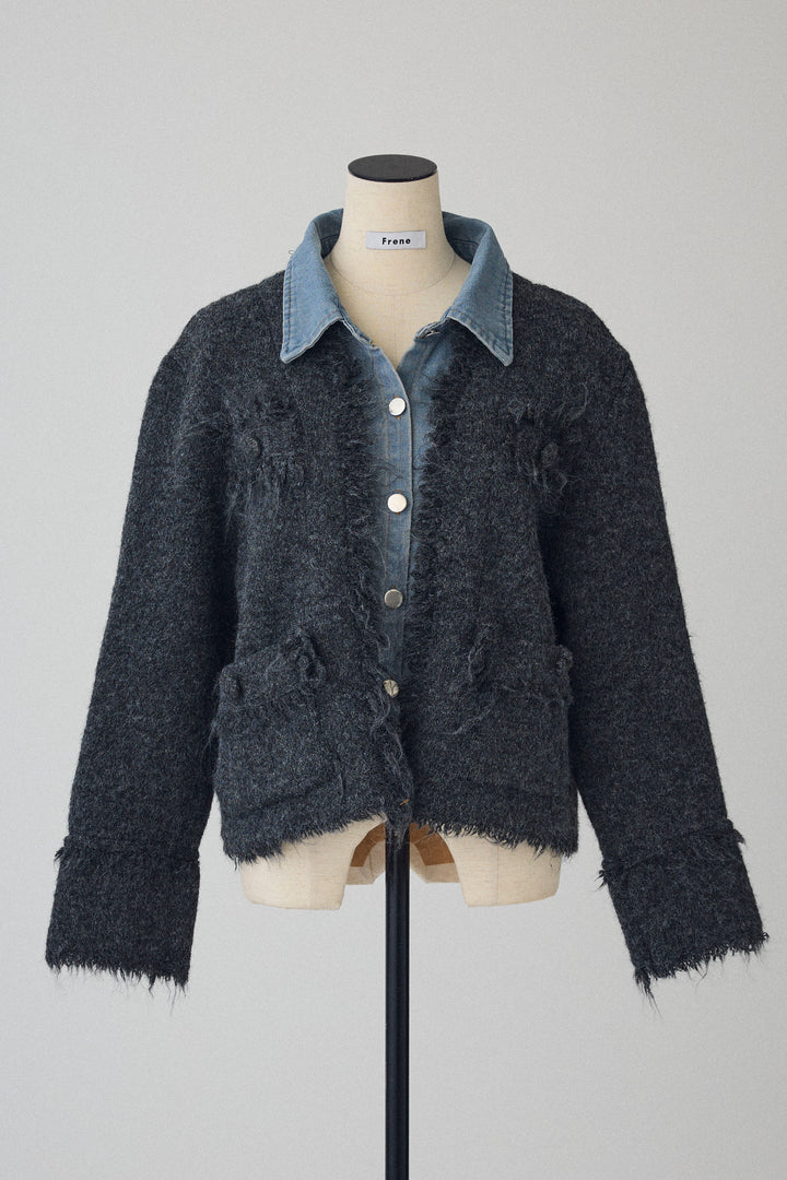 [予約]デニムシャツドッキングツイードカーデ