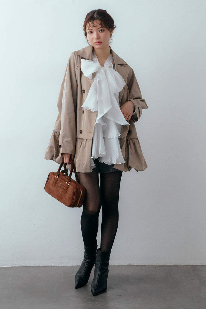 [予約/SET]フロントBIGリボンティアードエアリーチュニック+バルーンヘムミディ丈トレンチコート+メランジニットショートパンツ(3set)