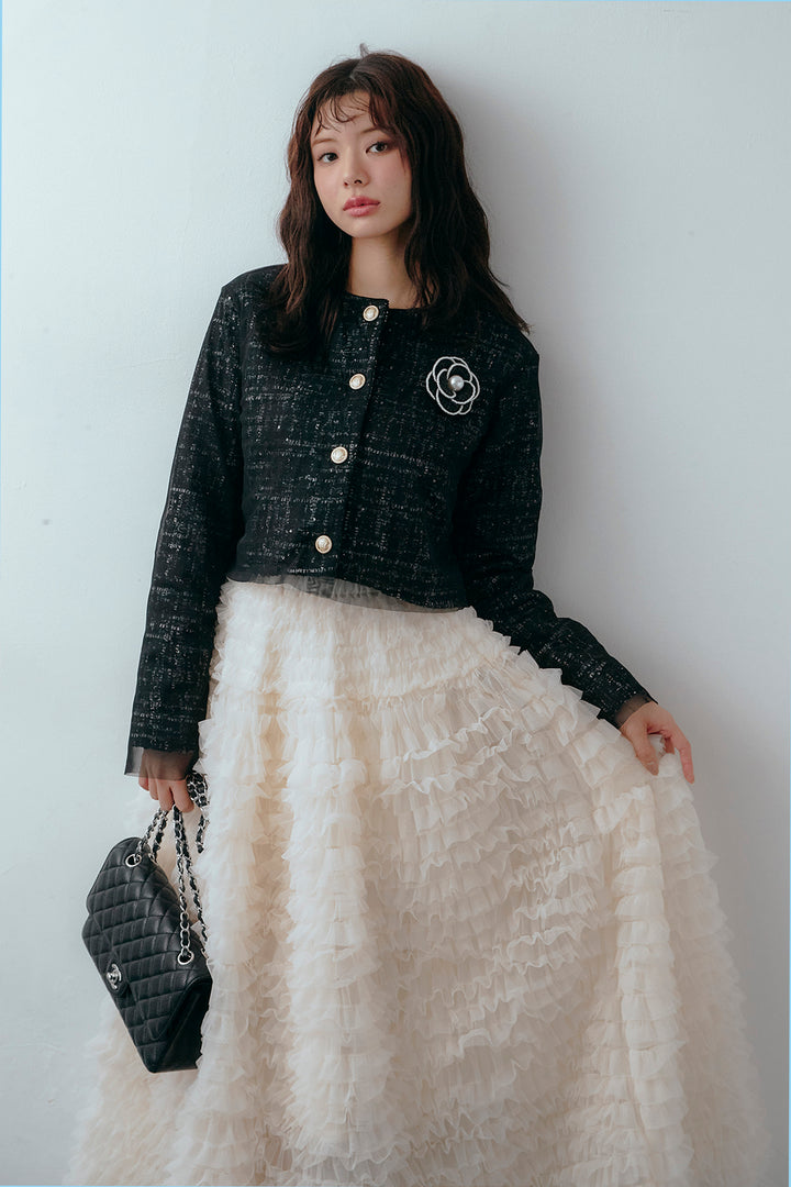 [予約/SET]ツイード×チュールレイヤードクロップドジャケット+ホイップチュールティアードスカート(2set)