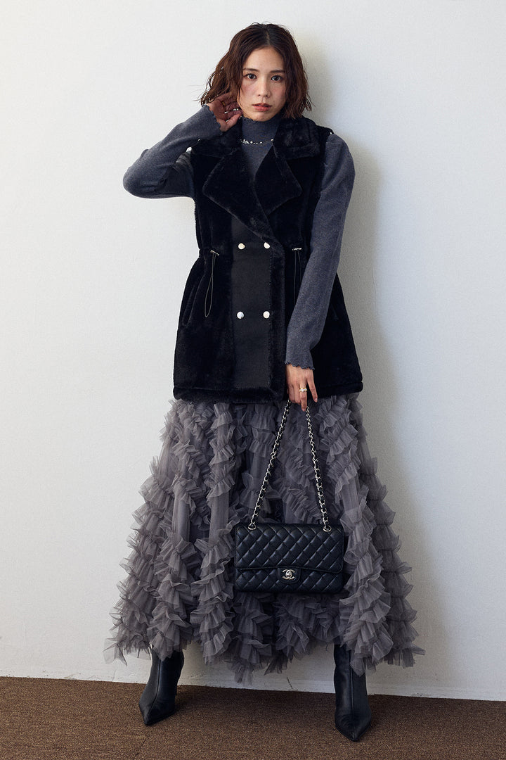 [予約/SET]テディボアウエストドロストベスト+スフレアシメチュールスカート(2set)