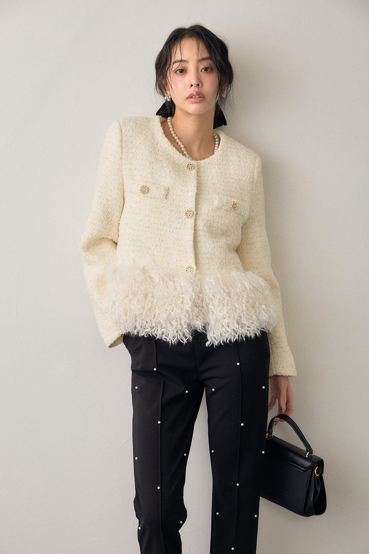 [予約/SET]中綿ツイードロングファードッキングジャケット+センターシームランダムパールパンツ(2set)