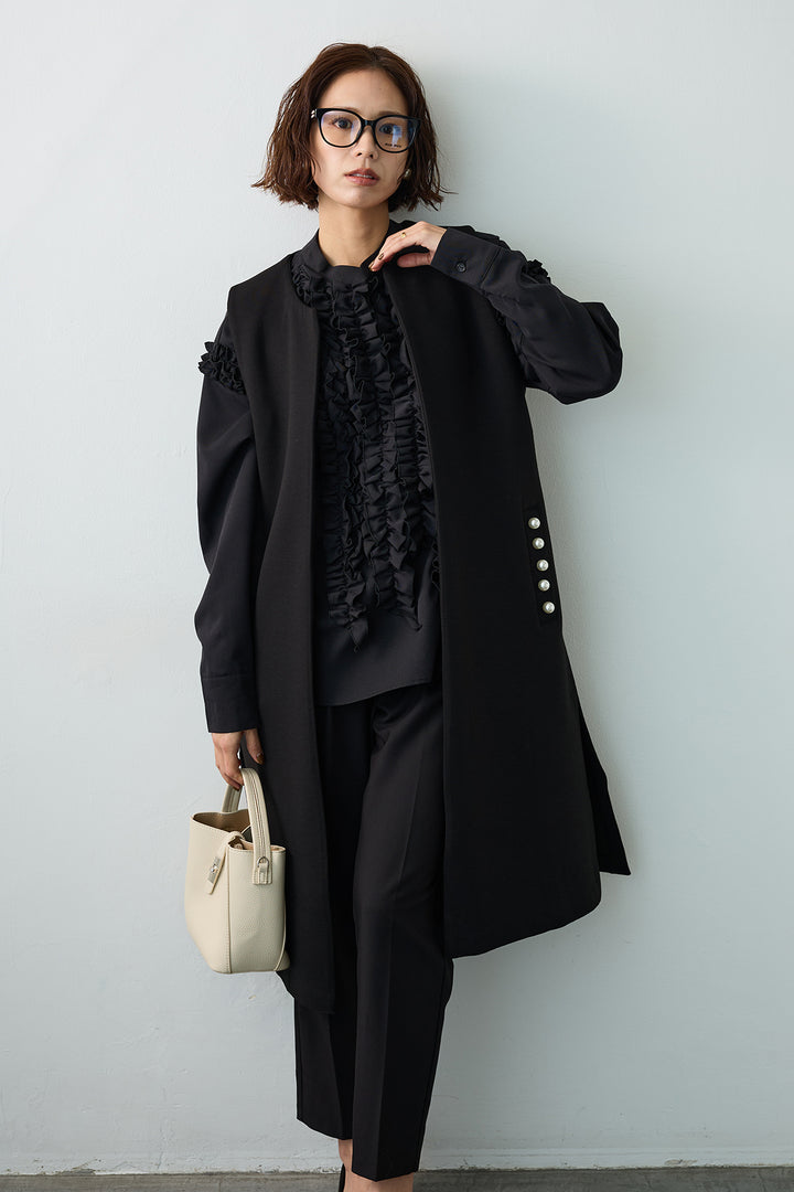 [予約/SET]Iラインフリルホイップブラウス+ポケットパール付きボンディングロングベスト(2set)