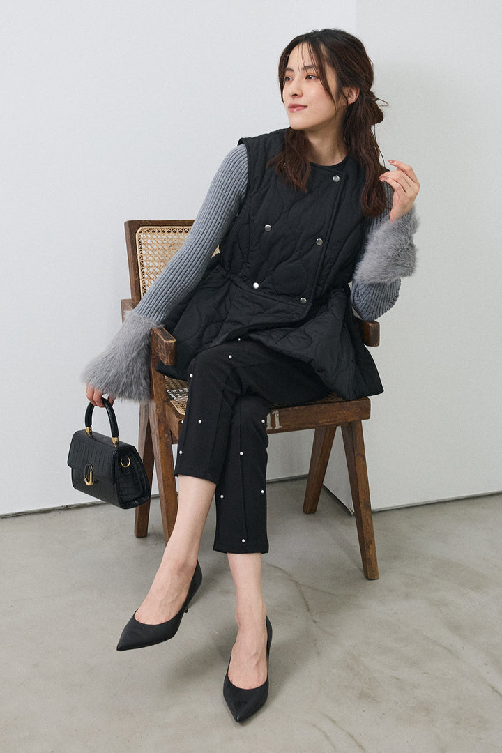 [予約/SET]フェザー切替スリーブフレアニット+キルティングフレアシルエットベスト(2set)