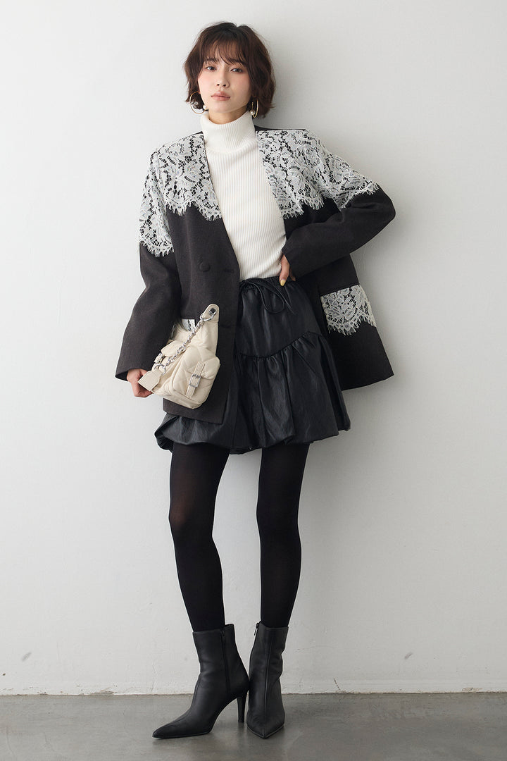 [予約/SET]ベーシックリブタートルニット+ショルダーレースデザインジャケット+フェイクレザーティアードバルーンミニスカート(3set)