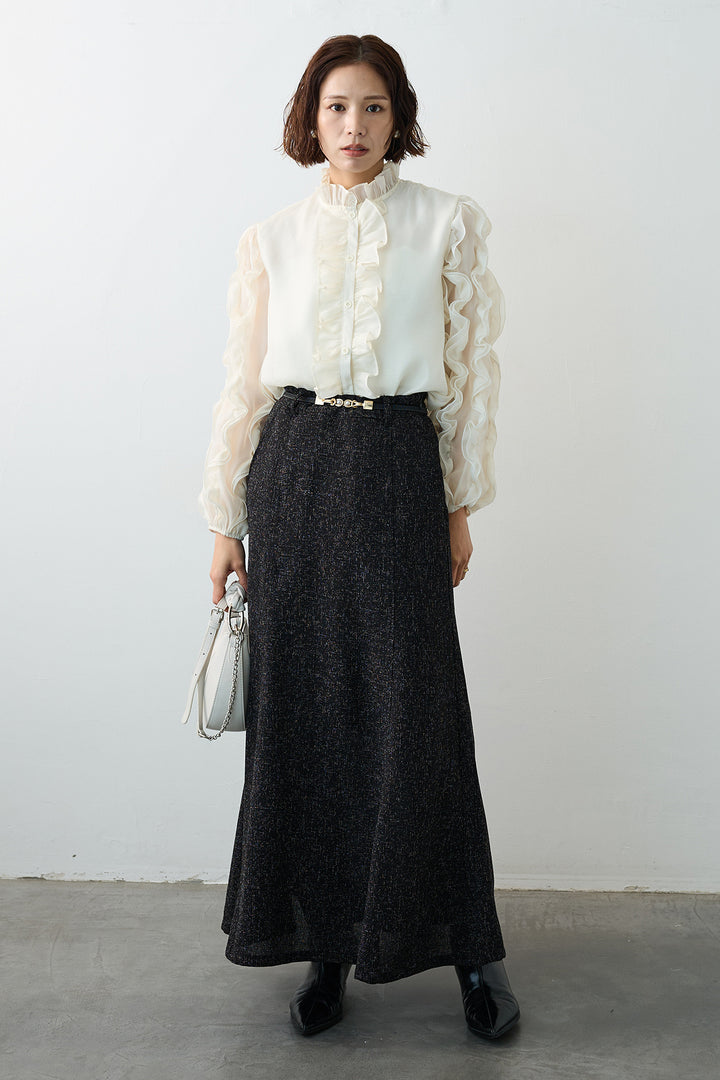 [予約/SET]エアリーフリルブラウス+スラブネップツイードフレアスカート(2set)
