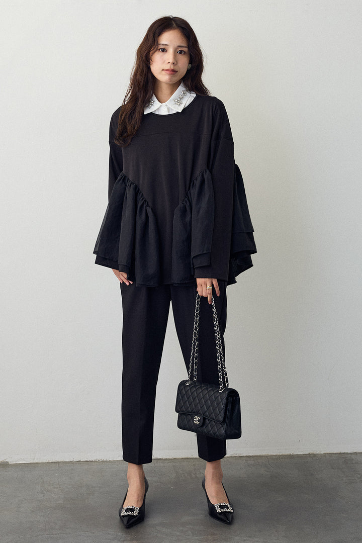 [予約/SET]ビジュー付け襟+フリルテール異素材切替チュニック+タックテーパードパンツ(3set)