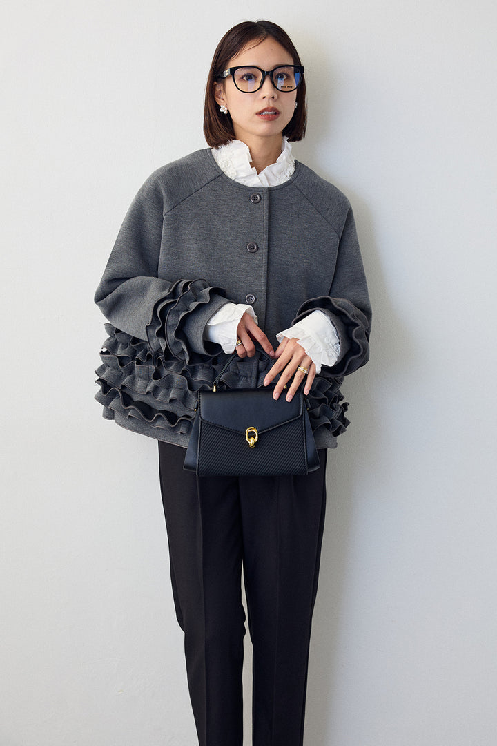 [予約/SET]ローズモチーフフリルカラーシャツ+フリルティアードボンディングクロップドコート(2set)