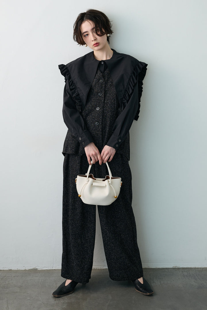 [予約/SET]BIGフリルデザインシャツ+サマーツイードボックスプリーツベスト+サマーツイードウエストラインタックパンツ(3set)