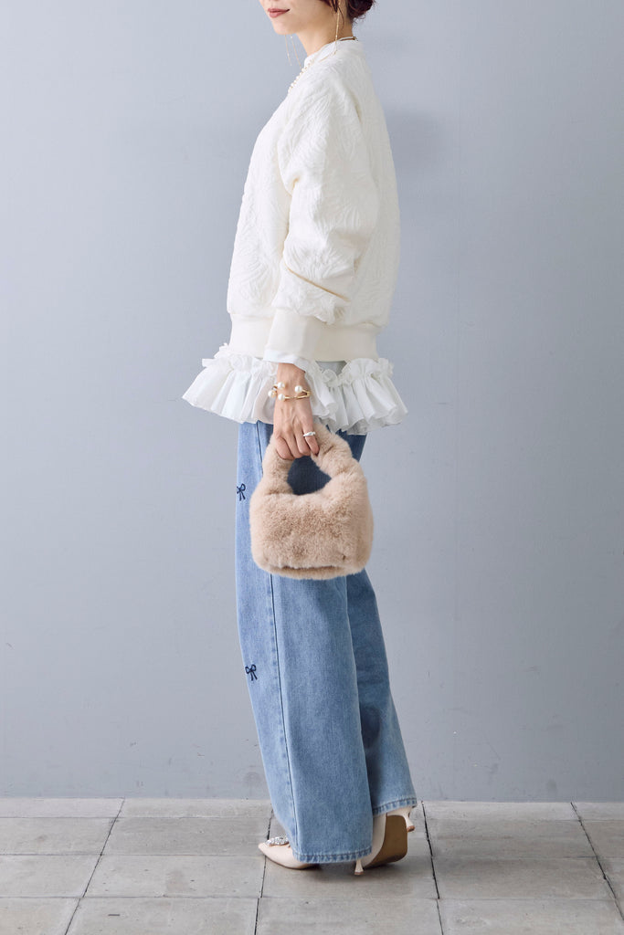 予約/SET]裾フリルブラウス+エンボスデザイントップス+刺繍リボンハイ 