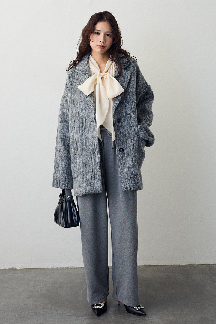 [予約/SET]前後2wayリボンシアーブラウス+シャギーミドル丈コート+2タック美シルエットパンツ(3set)