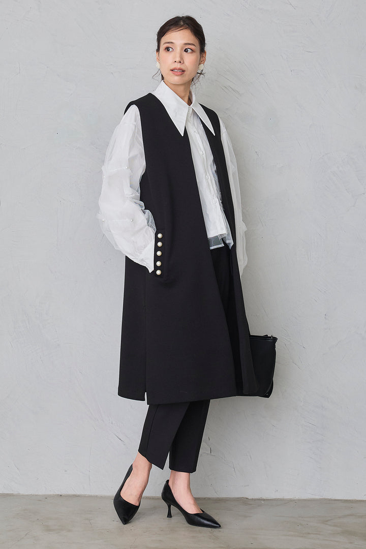 [予約/SET]チュールレイヤードパールシャツ+ポケットパール付きボンディングロングベスト+タックテーパードパンツ(3set)