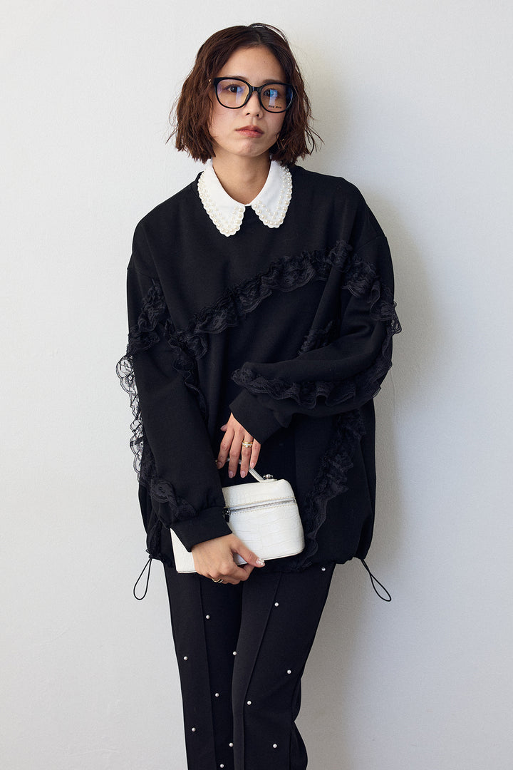 [予約/SET]レースフリルランダムラインスウェット+センターシームランダムパールパンツ(2set)