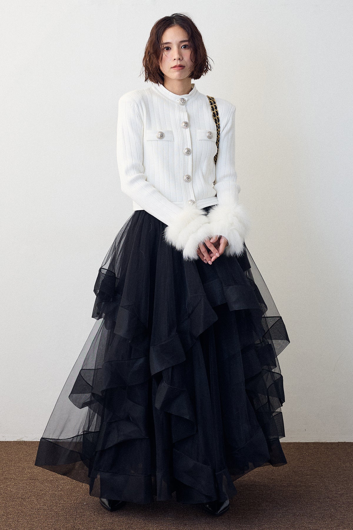 予約/SET]ダブルファーラインスリーブニットカーデ+ランダムフリル