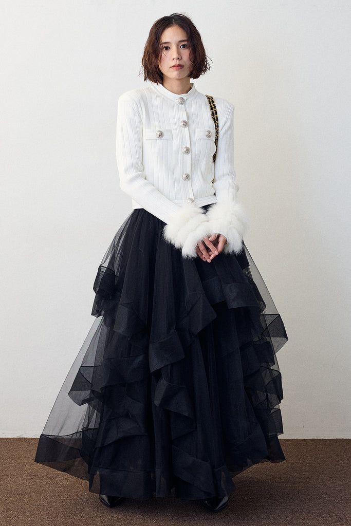 予約/SET]ダブルファーラインスリーブニットカーデ+ランダムフリル