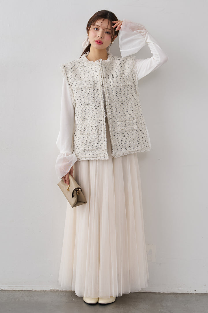 [予約/SET]チュールシアーカフスリブニット+異素材切り替えツイードベスト+エアリーチュールフレアスカート(3set)