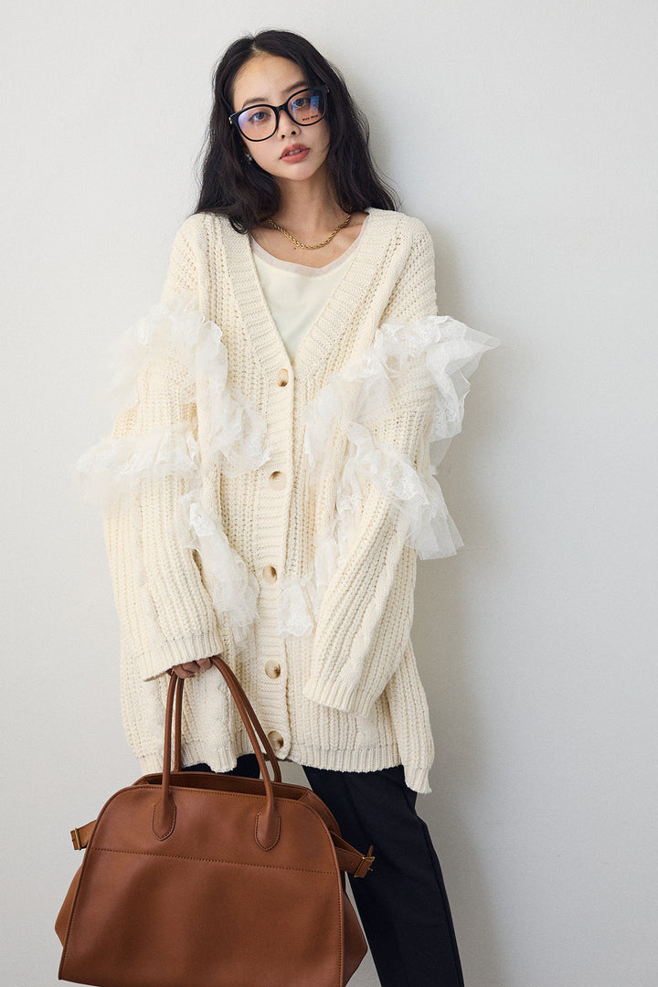 [予約/SET]ラッフルレースドッキングニットBIGカーデ+タックテーパードパンツ(2set)