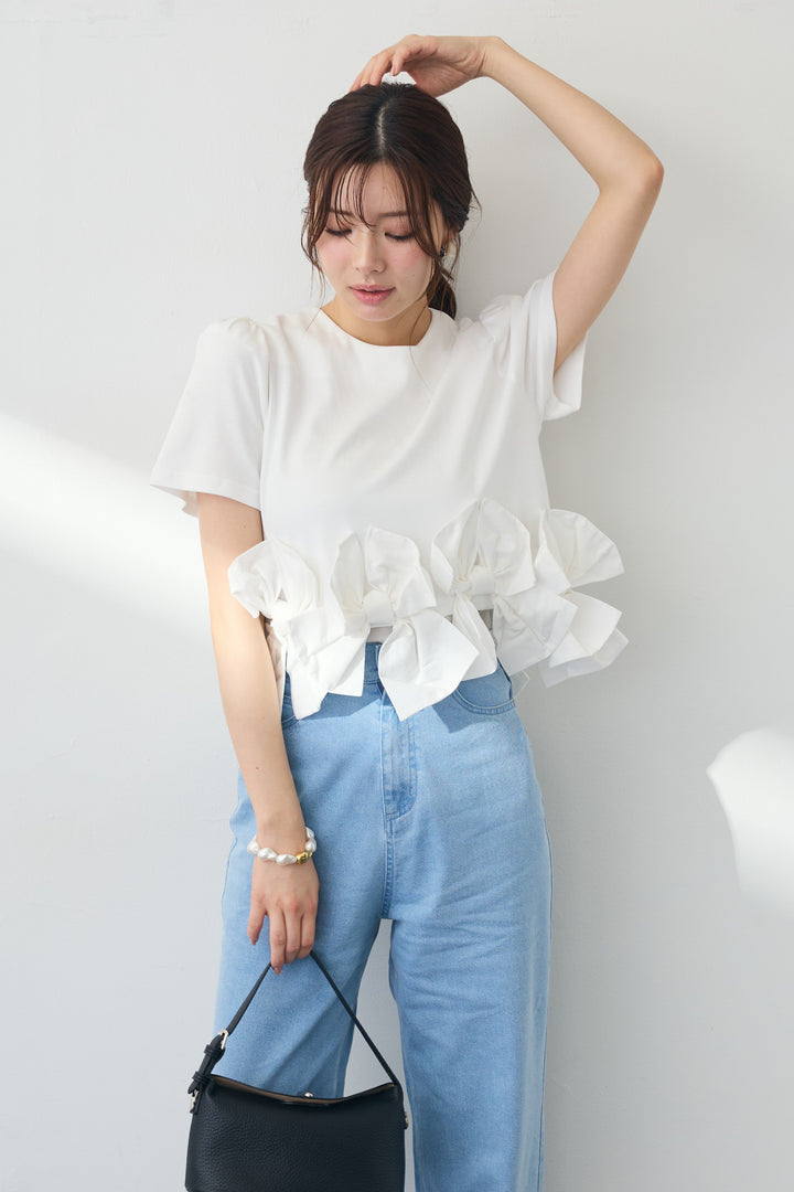 [予約/SET]リボンヘムデザインTシャツ+【接触冷感】ヘムレースデニムパンツ(2set)