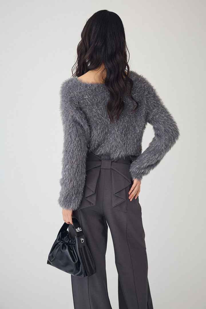 [予約/SET]ゴールドボタンラメシャギーニット+バックリボンストレートパンツ(2set)