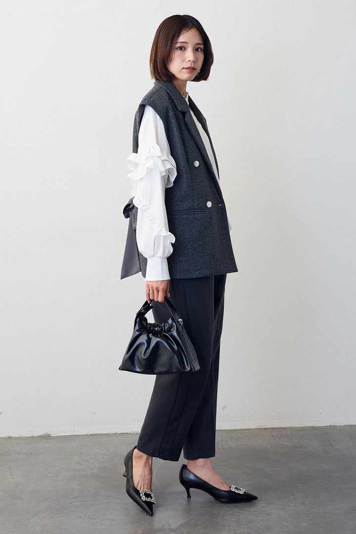 [予約/SET]スタンドカラーラッフルフリルスリーブブラウス+バックリボンテーラーベスト+ウォームセンタープレス美ラインテーパードパンツ(3set)