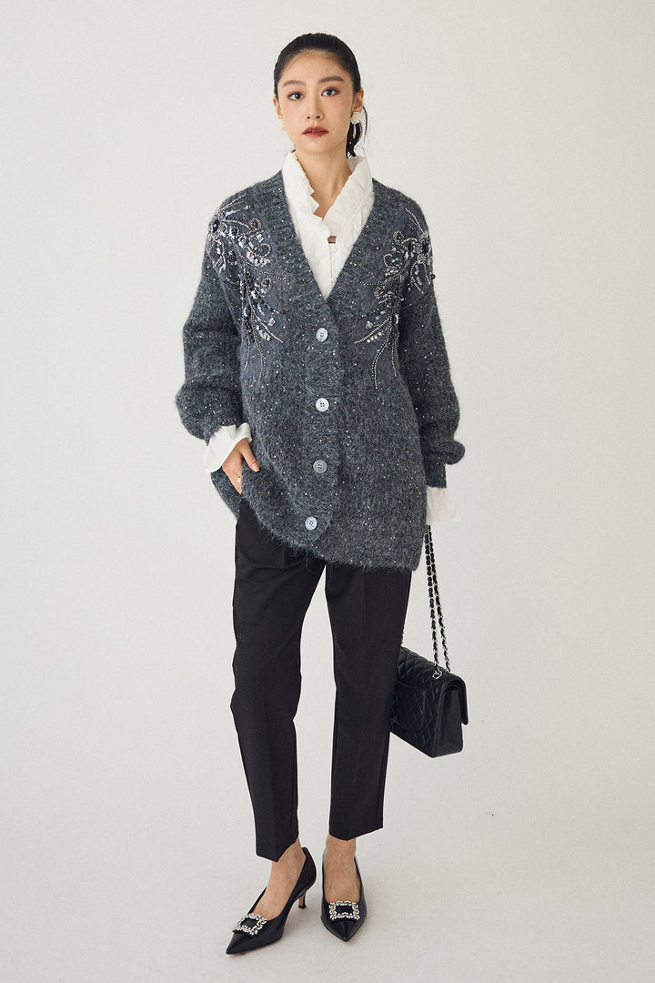 [予約/SET]ダブルプリーツカラーブラウス+ビーズフラワースパンコールシャイニーニットカーデ+タックテーパードパンツ(3set)