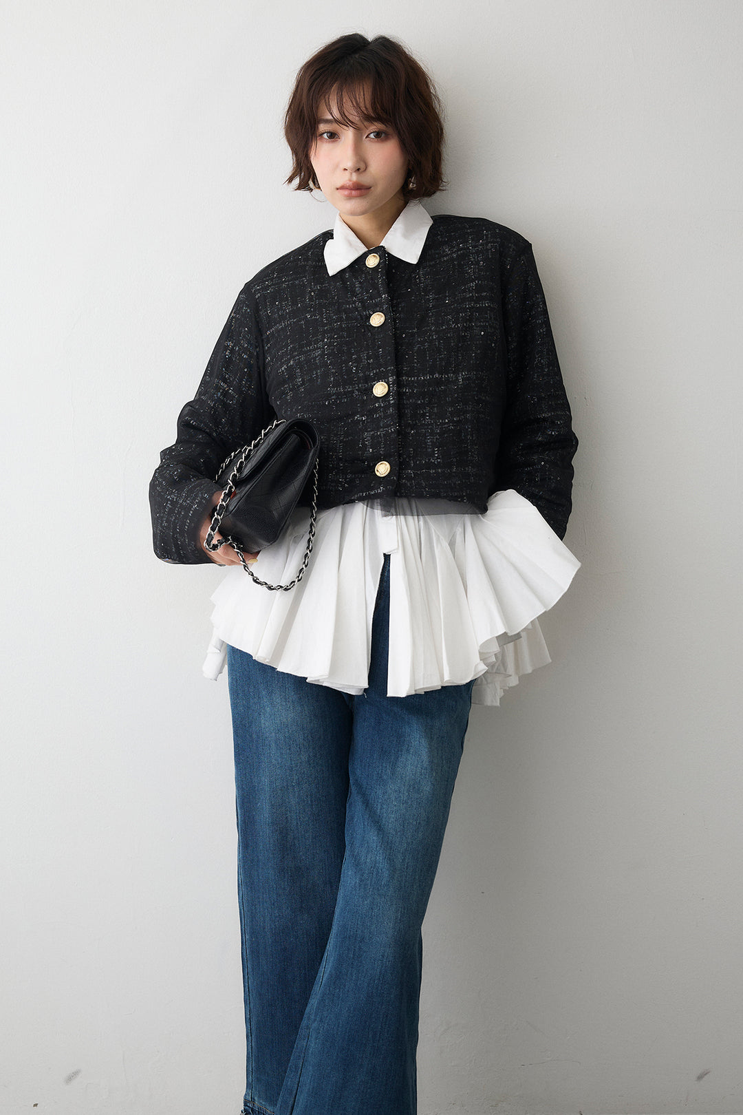 [予約]ツイード×チュールレイヤードクロップドジャケット